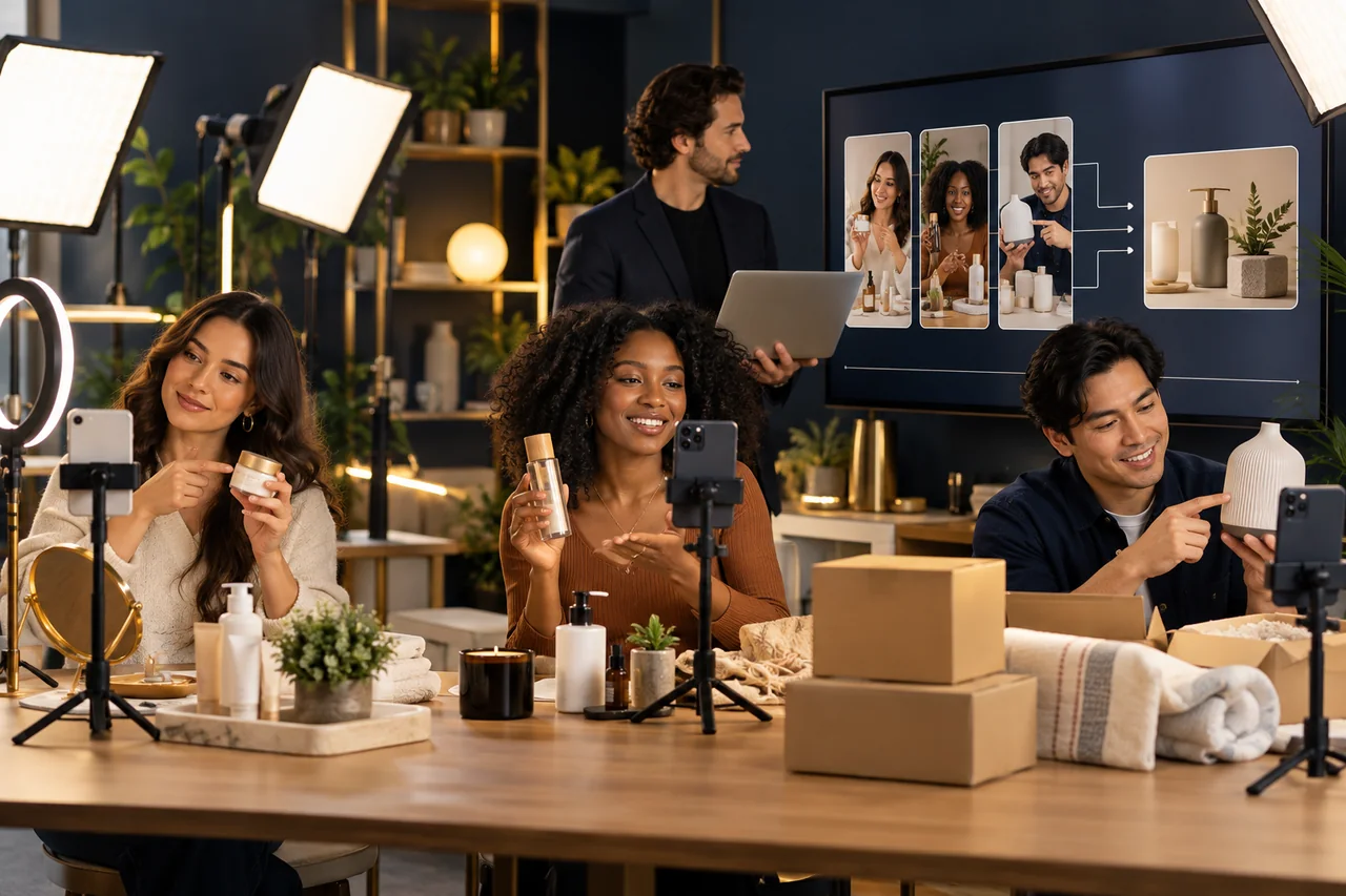 Illustration of creators filming products while a brand operator coordinates an affiliate campaign